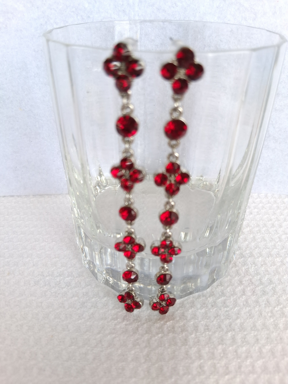 4" Red Rhinestone Drop Pierced Earrings - Elegant Floral Dangle Silver Tone